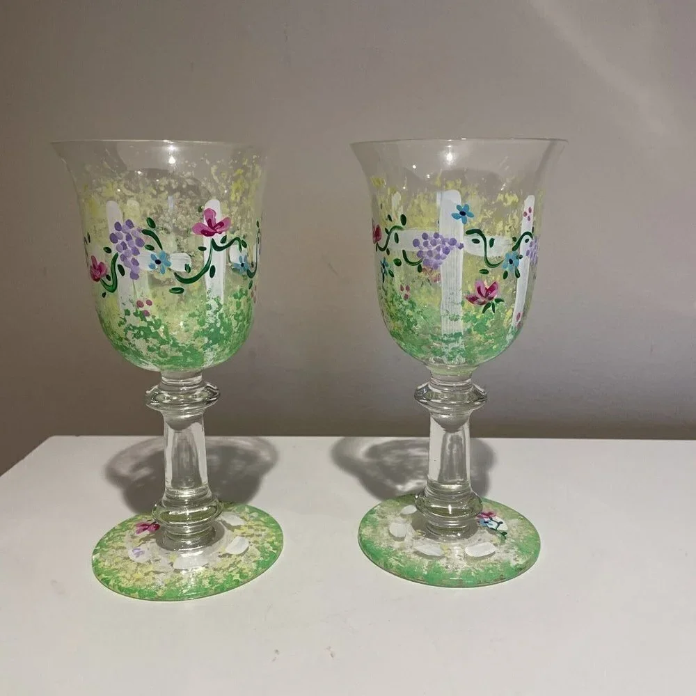 Art Glass Stemmed Goblets Wine or Water Glasses Hand Painted Flowers Signed 